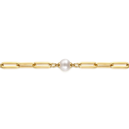 14K Yellow Gold Pearl and Hollow Link Station Chain Bracelet