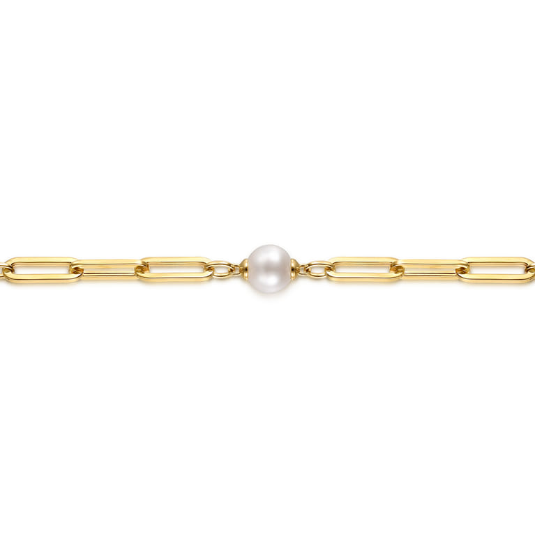 14K Yellow Gold Pearl and Hollow Link Station Chain Bracelet - Shot 2