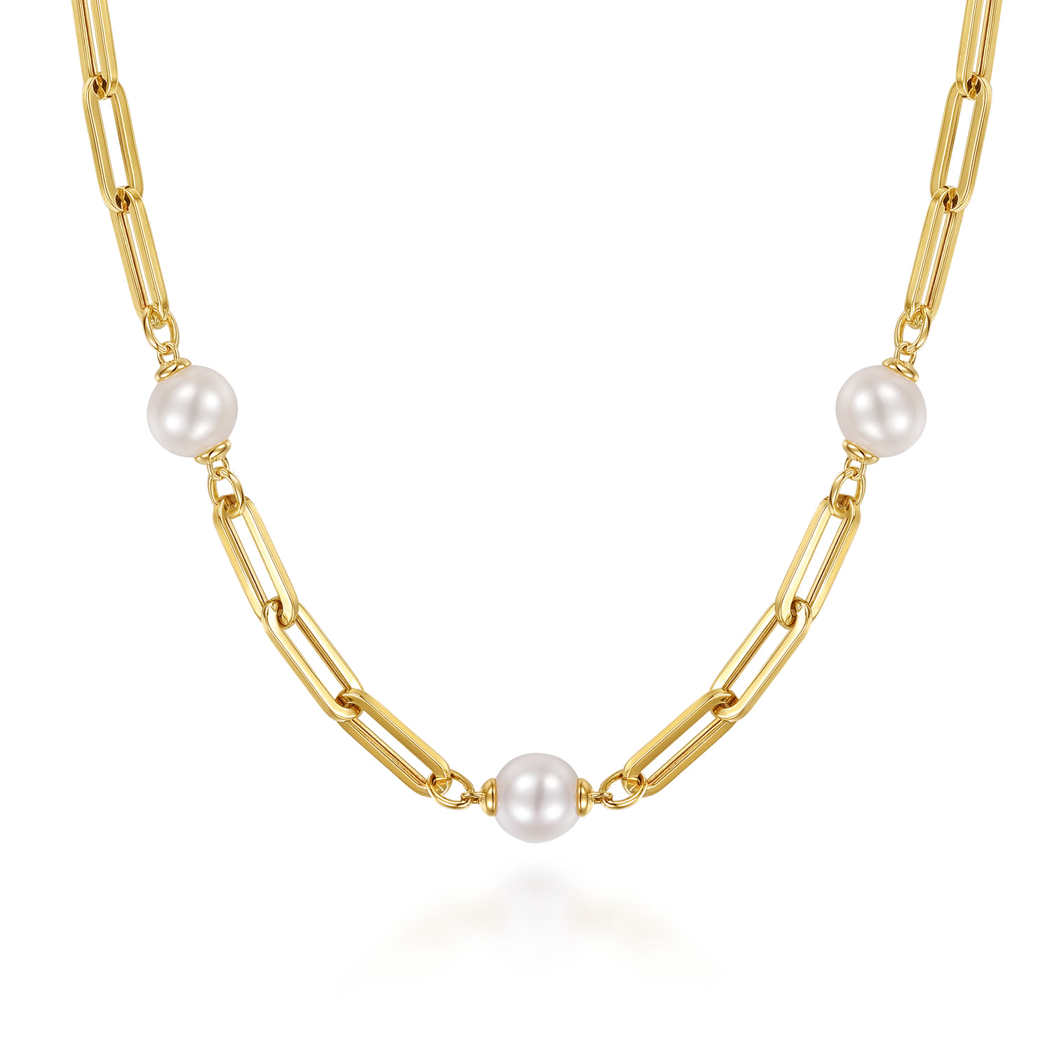 14K Yellow Gold Pearl and Hollow Link Station Chain Necklace - Shot 1