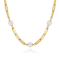 14K Yellow Gold Pearl and Hollow Link Station Chain Necklace