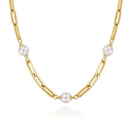 14K Yellow Gold Pearl and Hollow Link Station Chain Necklace