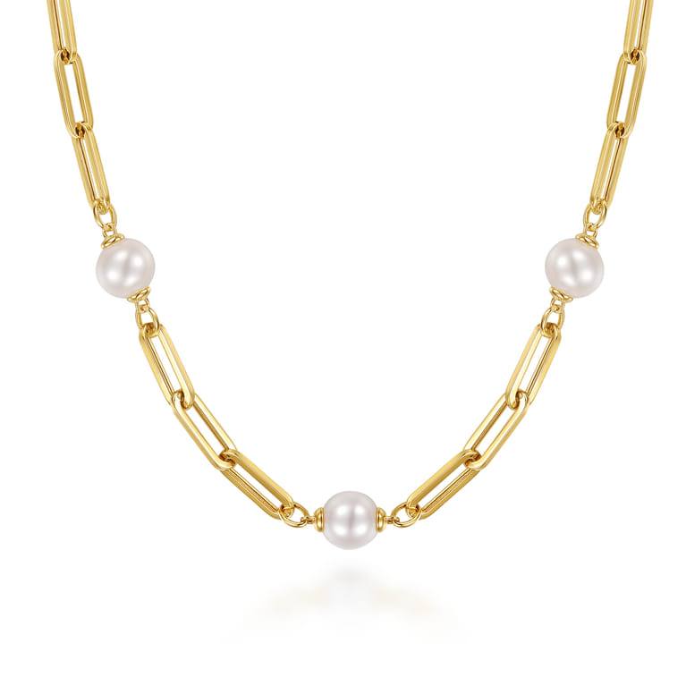 14K Yellow Gold Pearl and Hollow Link Station Chain Necklace - Shot 1