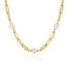 14K Yellow Gold Pearl and Hollow Link Station Chain Necklace