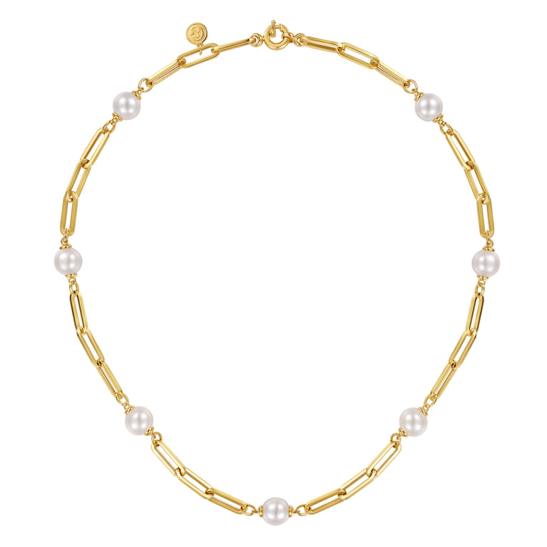 14K Yellow Gold Pearl and Hollow Link Station Chain Necklace - Shot 2