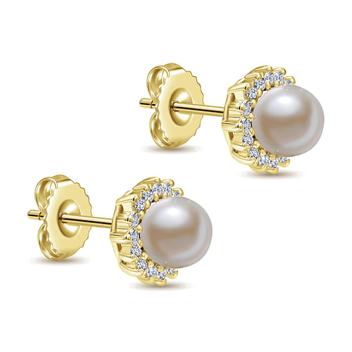 14K Yellow Gold Pearl with Diamond Halo Stud Earrings - 0.25 ct - Shot 2
