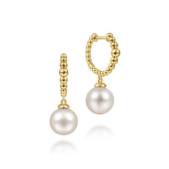 14K Yellow Gold Pearls Drop Huggie Earrings-Bujukan