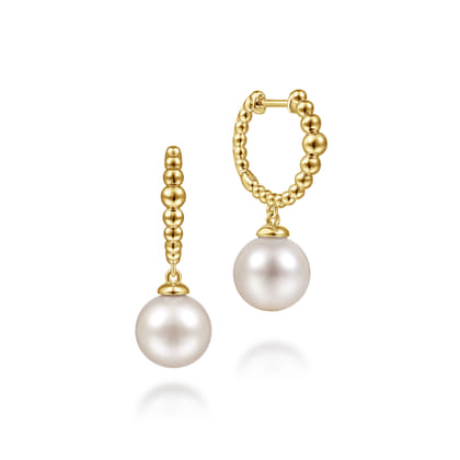 14K Yellow Gold Pearls Drop Huggie Earrings-Bujukan