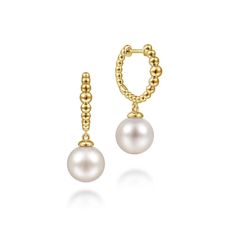14K Yellow Gold Pearls Drop Huggie Earrings-Bujukan - Shot 1