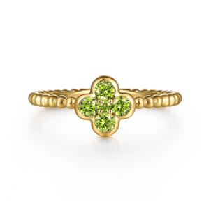 14K Yellow Gold Peridot Cluster Clover and Bujukan Bead Stackable Ring