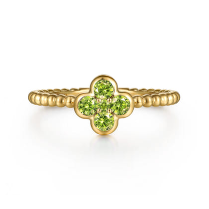 14K Yellow Gold Peridot Cluster Clover and Bujukan Bead Stackable Ring