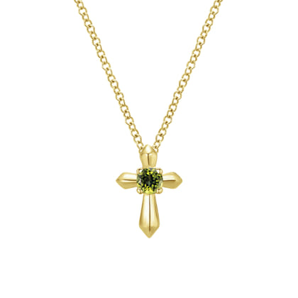 14K Yellow Gold Peridot Cross Pendant Necklace