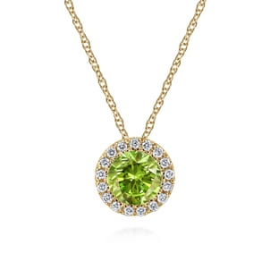 14K Yellow Gold Peridot and Diamond Halo Pendant Necklace