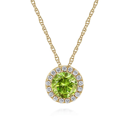 14K Yellow Gold Peridot and Diamond Halo Pendant Necklace