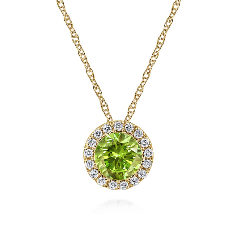 14K Yellow Gold Peridot and Diamond Halo Pendant Necklace - 0.07 ct - Shot 1
