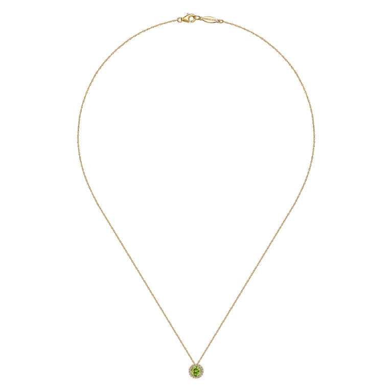 14K Yellow Gold Peridot and Diamond Halo Pendant Necklace - 0.07 ct - Shot 2
