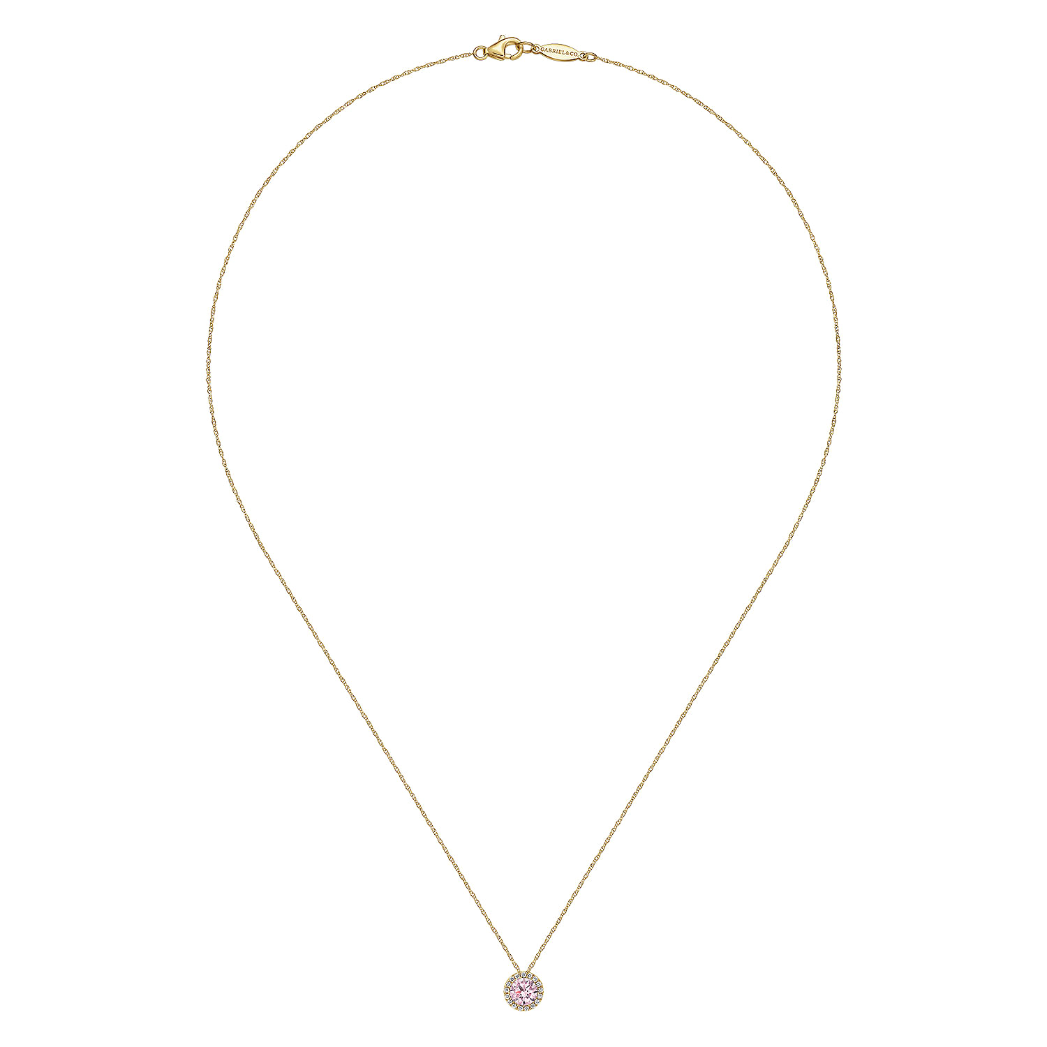 14K Yellow Gold Pink Created Zircon and Diamond Halo Pendant Necklace