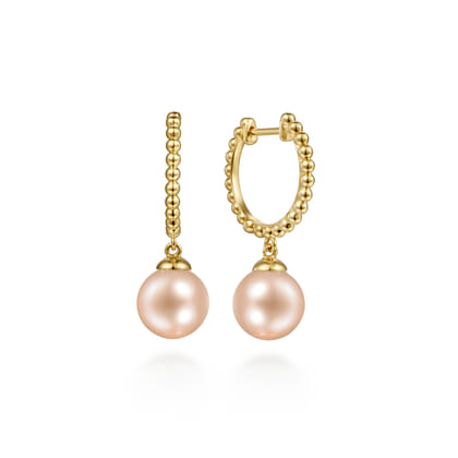 14K Yellow Gold Pink Pearl Bujukan Huggie Drop Earrings