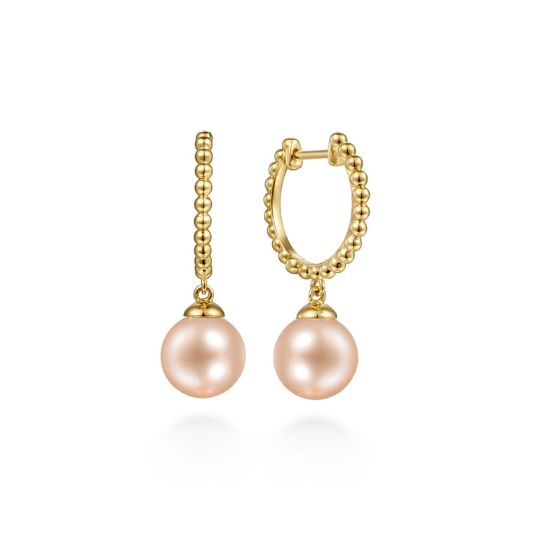 14K Yellow Gold Pink Pearl Bujukan Huggie Drop Earrings - Shot 1