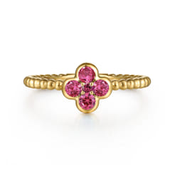 14K Yellow Gold Pink Tourmaline Cluster Clover and Bujukan Bead Stackable Ring