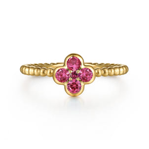 14K Yellow Gold Pink Tourmaline Cluster Clover and Bujukan Bead Stackable Ring
