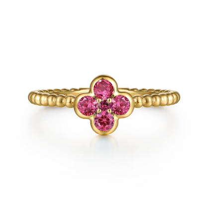 14K Yellow Gold Pink Tourmaline Cluster Clover and Bujukan Bead Stackable Ring
