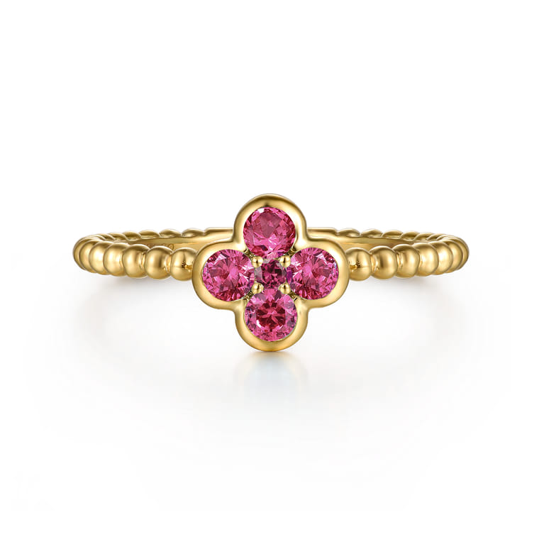 14K Yellow Gold Pink Tourmaline Cluster Clover and Bujukan Bead Stackable Ring - Shot 1
