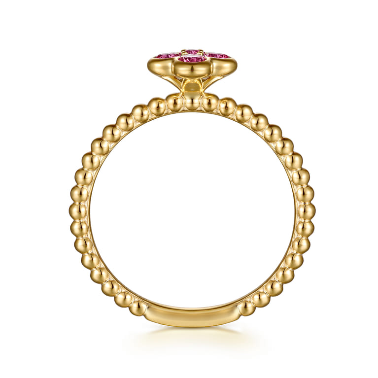 14K Yellow Gold Pink Tourmaline Cluster Clover and Bujukan Bead Stackable Ring - Shot 2