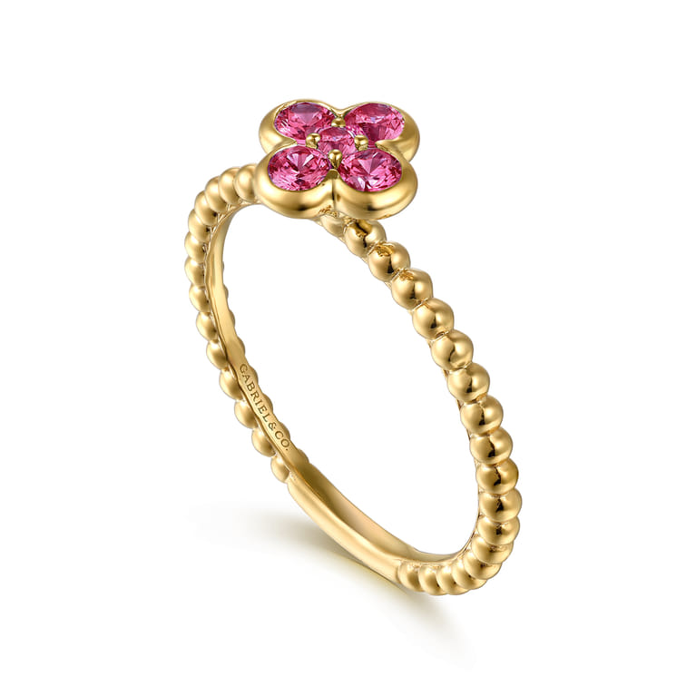 14K Yellow Gold Pink Tourmaline Cluster Clover and Bujukan Bead Stackable Ring - Shot 3