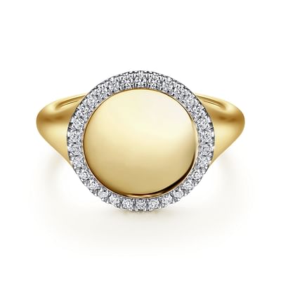 14K Yellow Gold Pinky Signet Ring with Diamond Halo