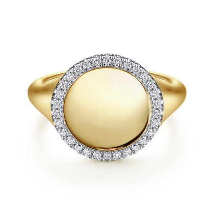14K Yellow Gold Pinky Signet Ring with Diamond Halo