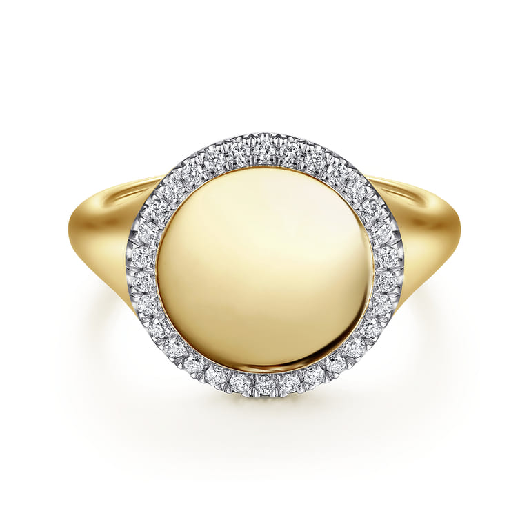14K Yellow Gold Pinky Signet Ring with Diamond Halo - 0.15 ct - Shot 1