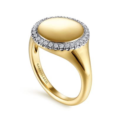 14K Yellow Gold Pinky Signet Ring with Diamond Halo