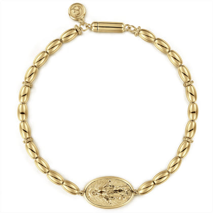 14K Yellow Gold Plain Oval Beads Saint Mens Bracelet