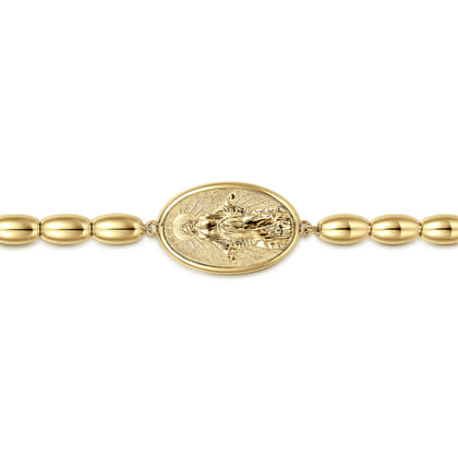 14K Yellow Gold Plain Oval Beads Saint Mens Bracelet