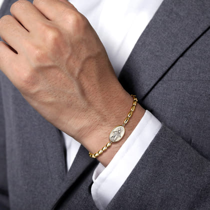 14K Yellow Gold Plain Oval Beads Saint Mens Bracelet