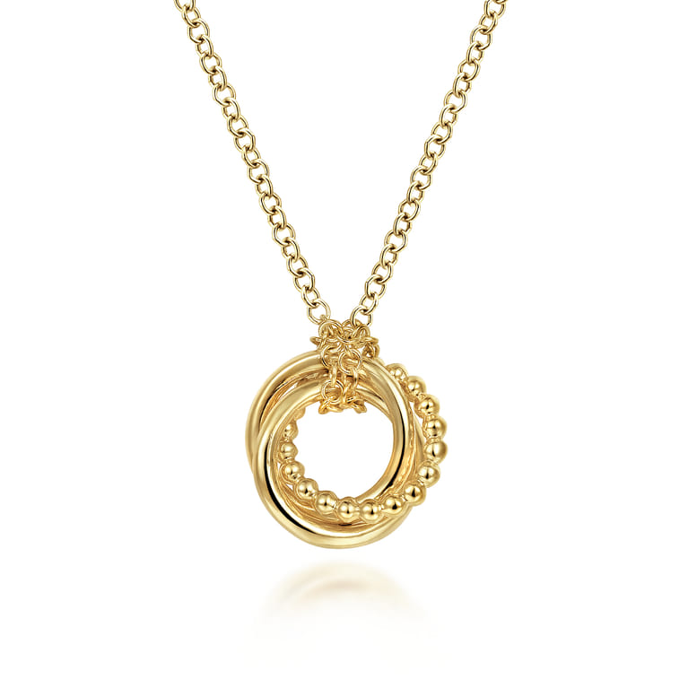 14K Yellow Gold Plain and Bujukan Beaded Interlocking Circles Pendant Necklace - Shot 1