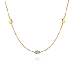 14K Yellow Gold Plain and Diamond Marquise Station Necklace