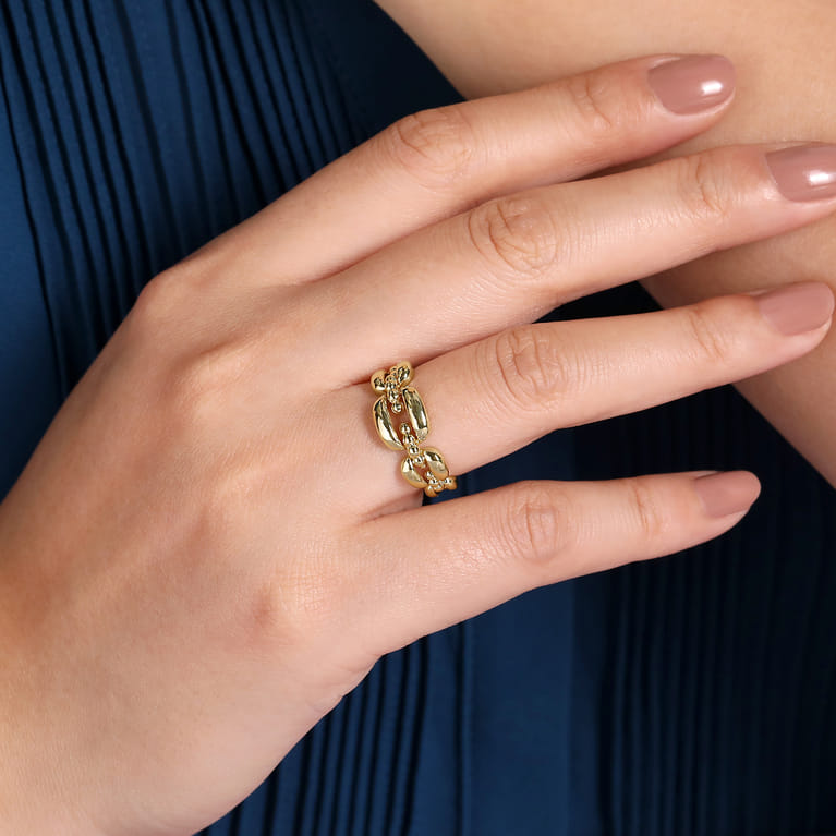 14K Yellow Gold Polished Chain Link Ring with Bujukan Bead Connector - Shot 5