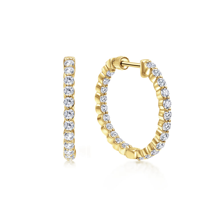 14K Yellow Gold Prong Set 20mm Round Inside Out Diamond Hoop Earrings - 2 ct - Shot 1