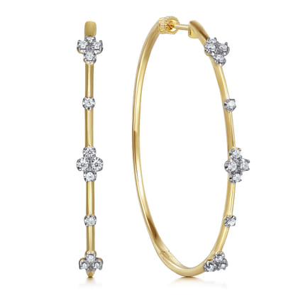 14K Yellow Gold Prong Set 50mm Round Classic Diamond Hoop Earrings