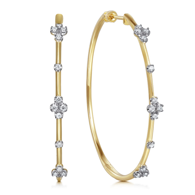 14K Yellow Gold Prong Set 50mm Round Classic Diamond Hoop Earrings - 0.5 ct - Shot 1