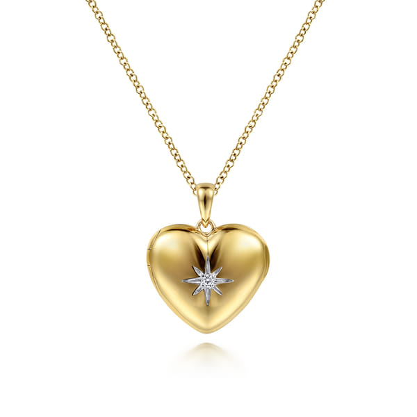 Yellow Gold Puff Heart Pendant Necklace with Diamond Star