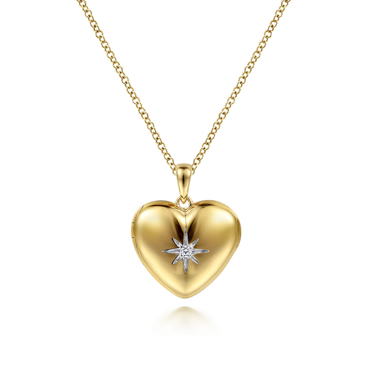 14K Yellow Gold Puff Heart Pendant Locket Necklace with Diamond Star - 0.01 ct - Shot 1
