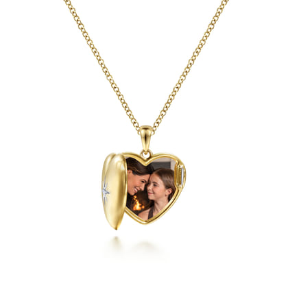14K Yellow Gold Puff Heart Pendant Locket Necklace with Diamond Star