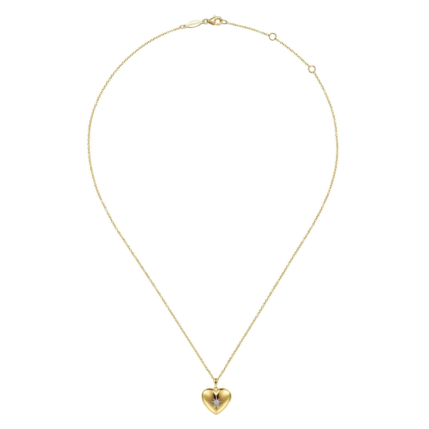 14K Yellow Gold Puff Heart Pendant Locket Necklace with Diamond Star