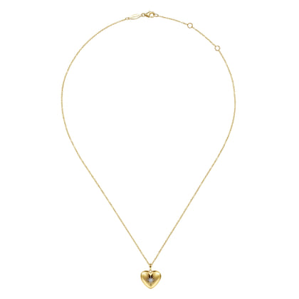 14K Yellow Gold Puff Heart Pendant Locket Necklace with Diamond Star
