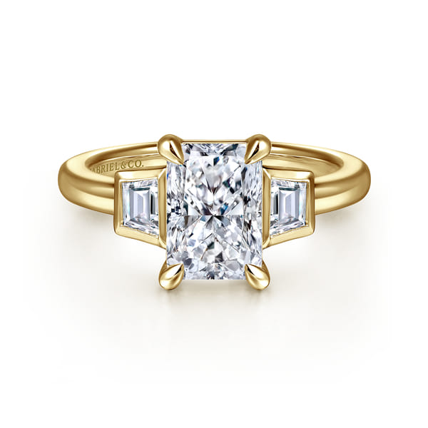 Radiant Cut Three Stone Diamond Engagement Ring in Yellow Gold