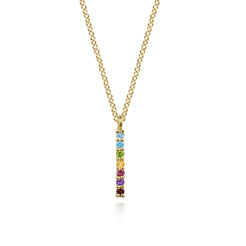 14K Yellow Gold Rainbow Color Stone Bar Necklace