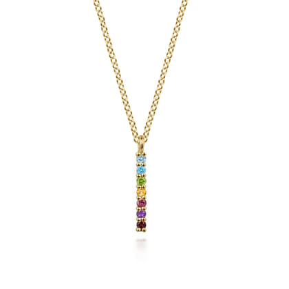 14K Yellow Gold Rainbow Color Stone Bar Necklace