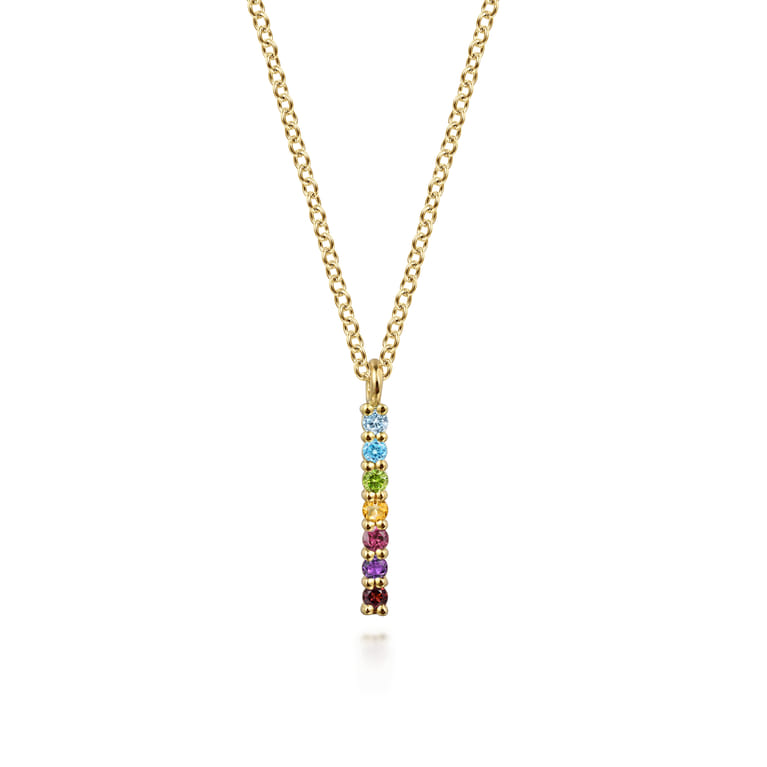 14K Yellow Gold Rainbow Color Stone Bar Necklace - Shot 1